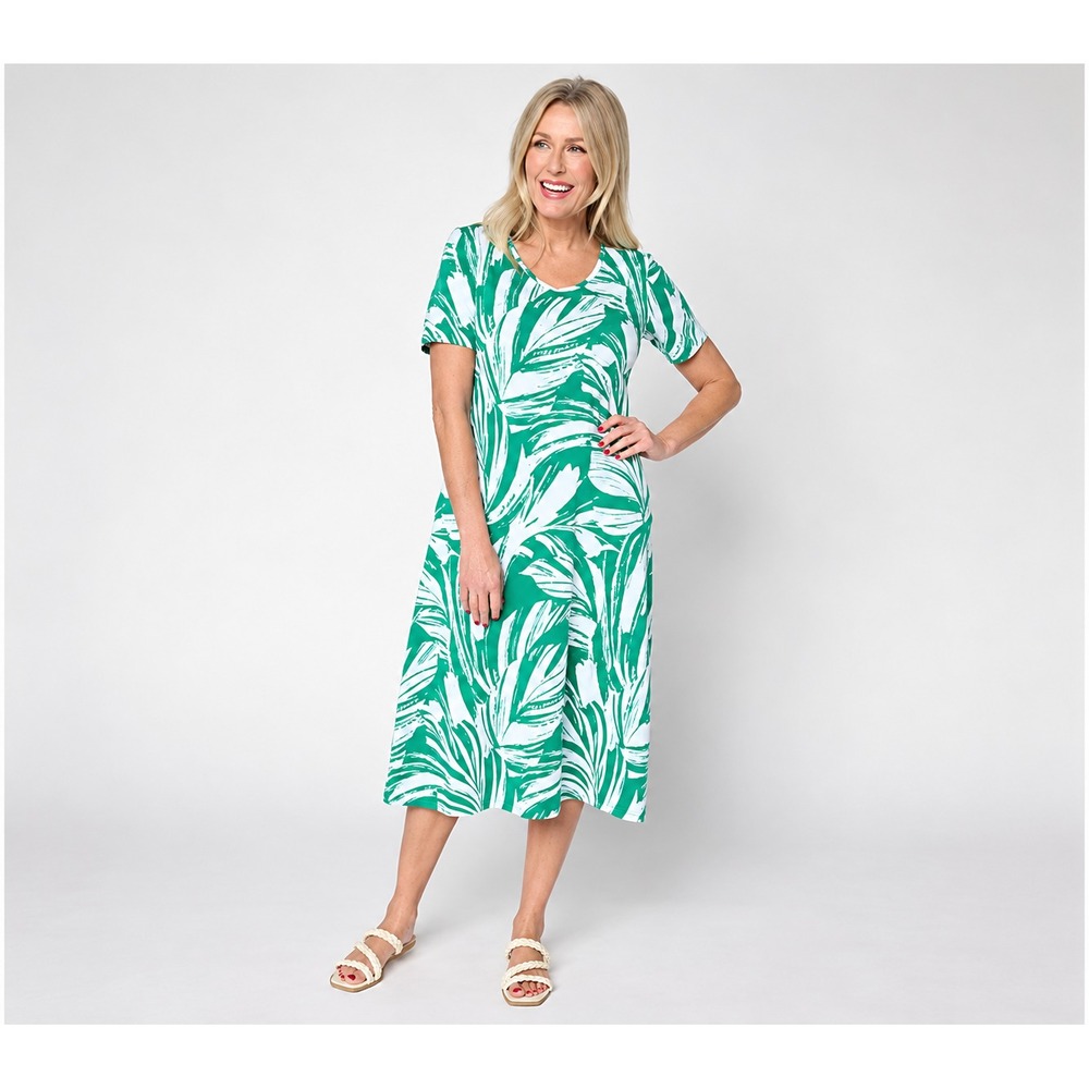 Denim & Co. Beach Jersey Petite Midi Dress with Pockets Green Leaf, Petite 1X